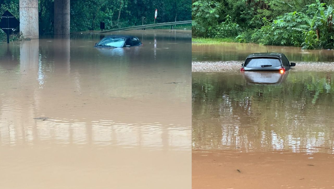 Carro fica submerso em trecho alagado de rodovia em Itapetininga
