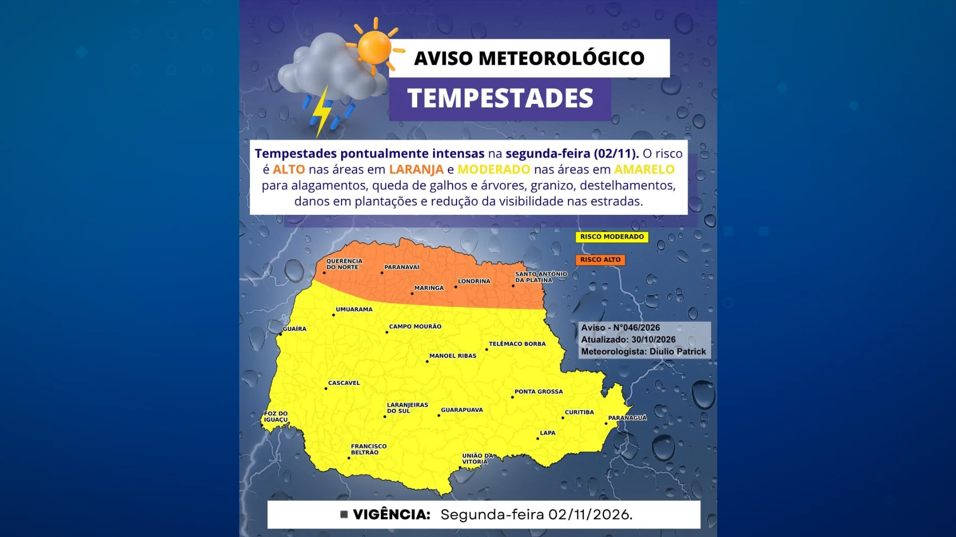 Paraná entra em alerta para tempestades no feriado de Finados