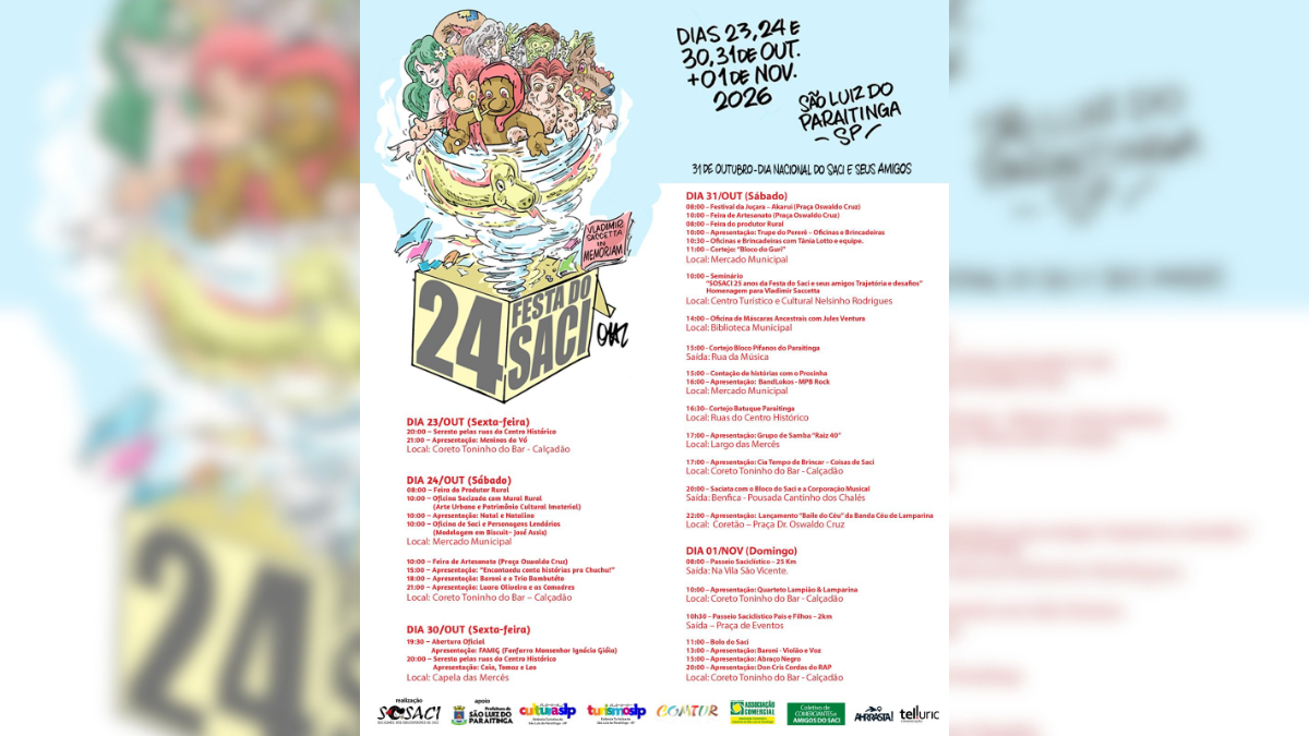 Festa do Saci e Seus Amigos tem programação gratuita em São Luiz do Paraitinga