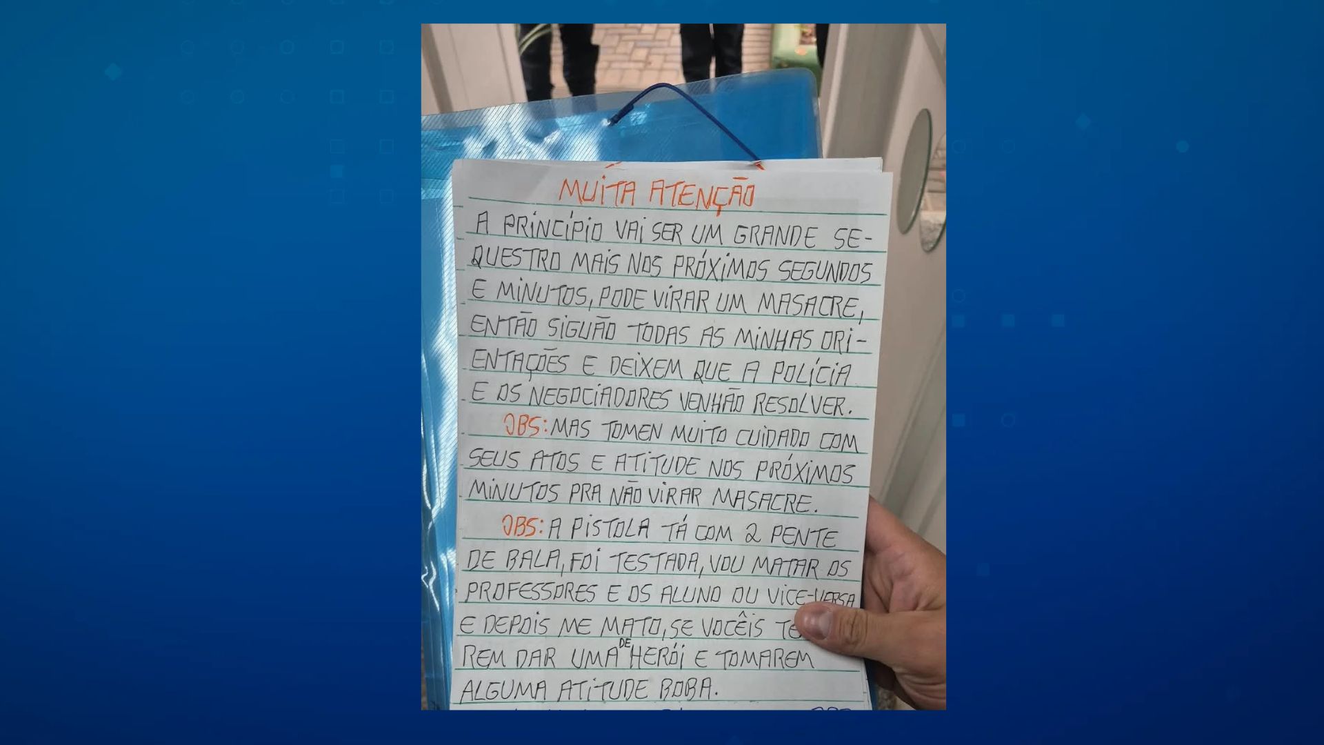 Carta ameaça 'massacre' durante caso com reféns em CMEI de Curitiba