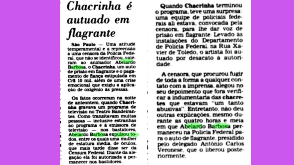 Chacrinha foi preso pela censura do regime militar | Jornal do Brasil, 3/7/1980