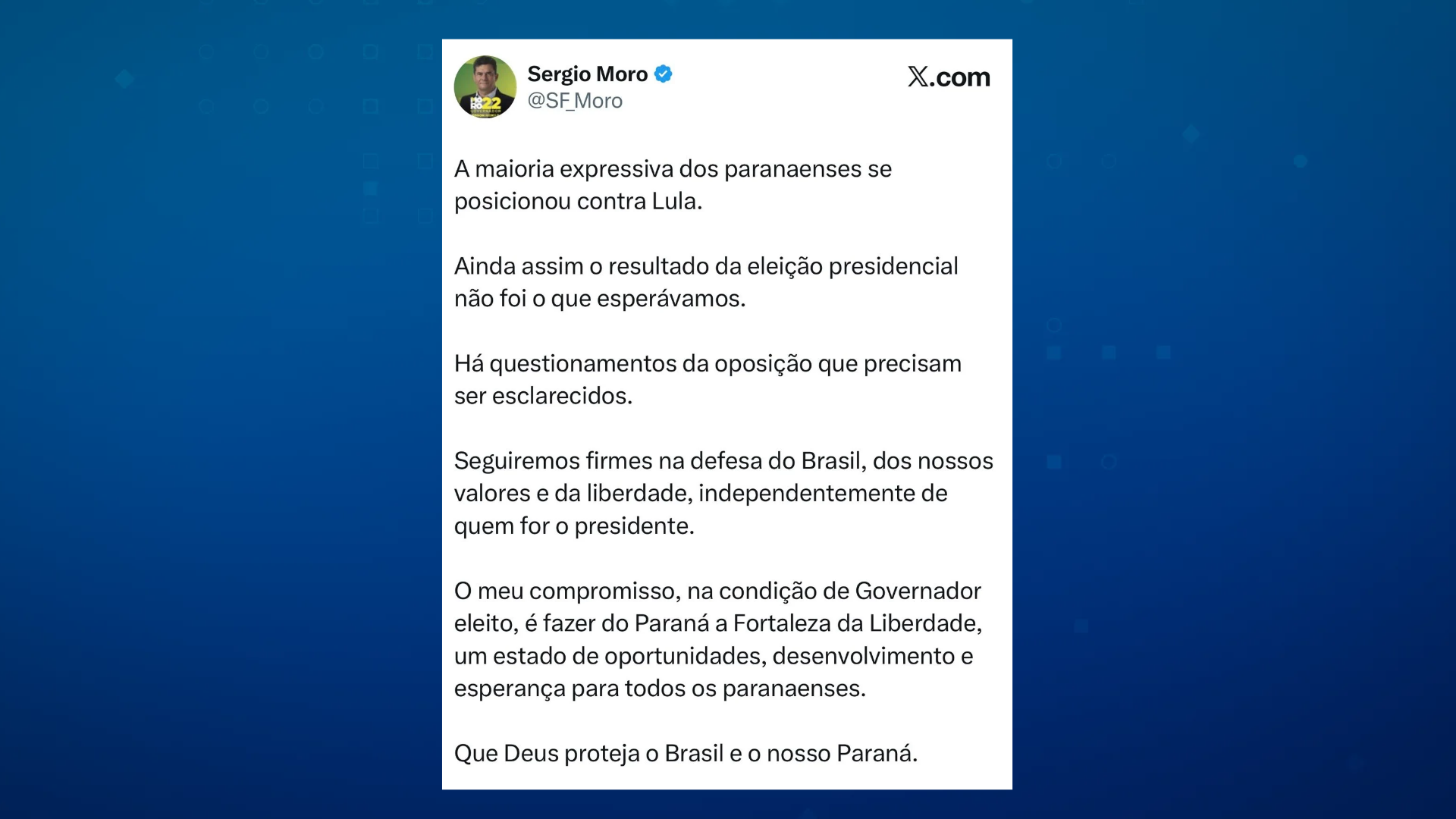 Sergio Moro reage à vitória de Lula e cita questionamentos da oposição