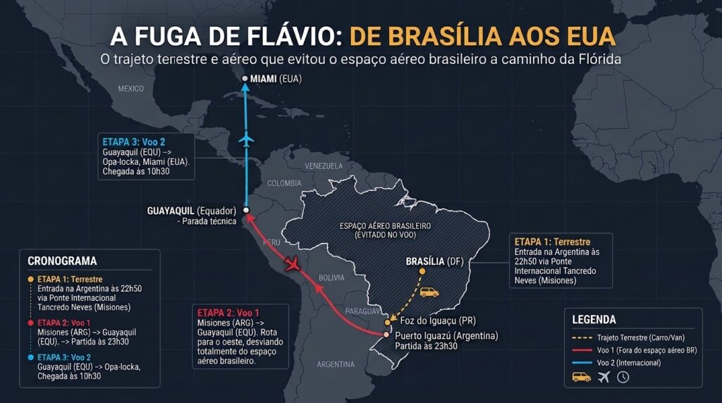 Roteiro da fuga de Flávio Bolsonaro aos EUA