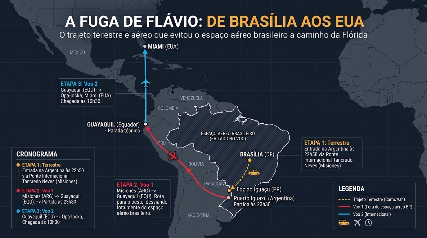 Van, jato e desvio do Brasil: como foi o plano de fuga de Flávio aos EUA
