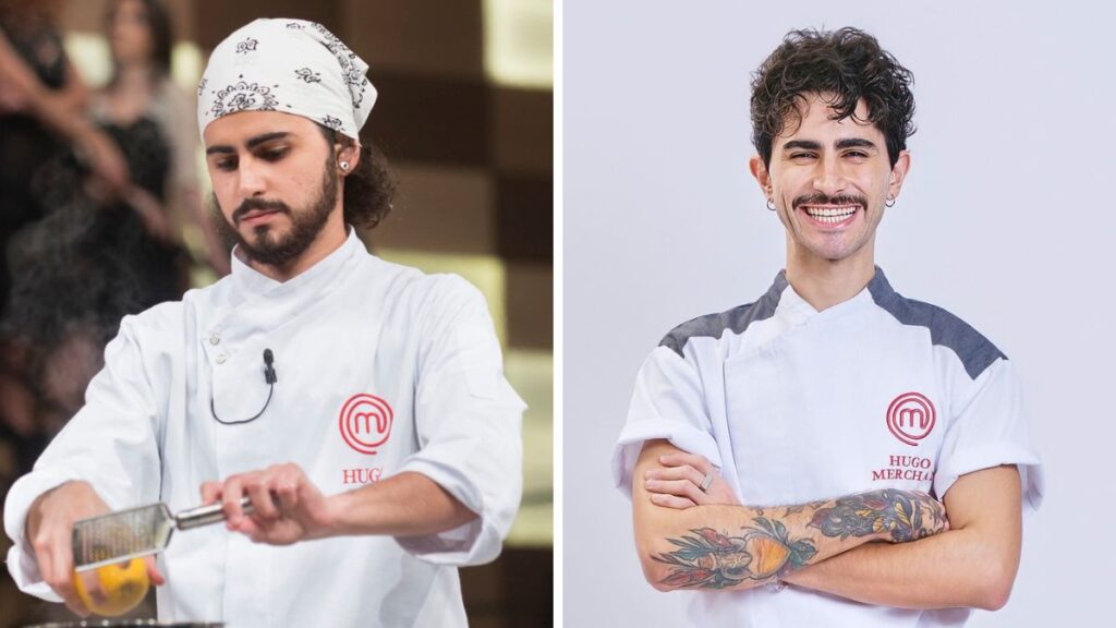 Hugo Merchan na final da 6ª temporada do MasterChef Brasil (à esquerda) e hoje (à direita)