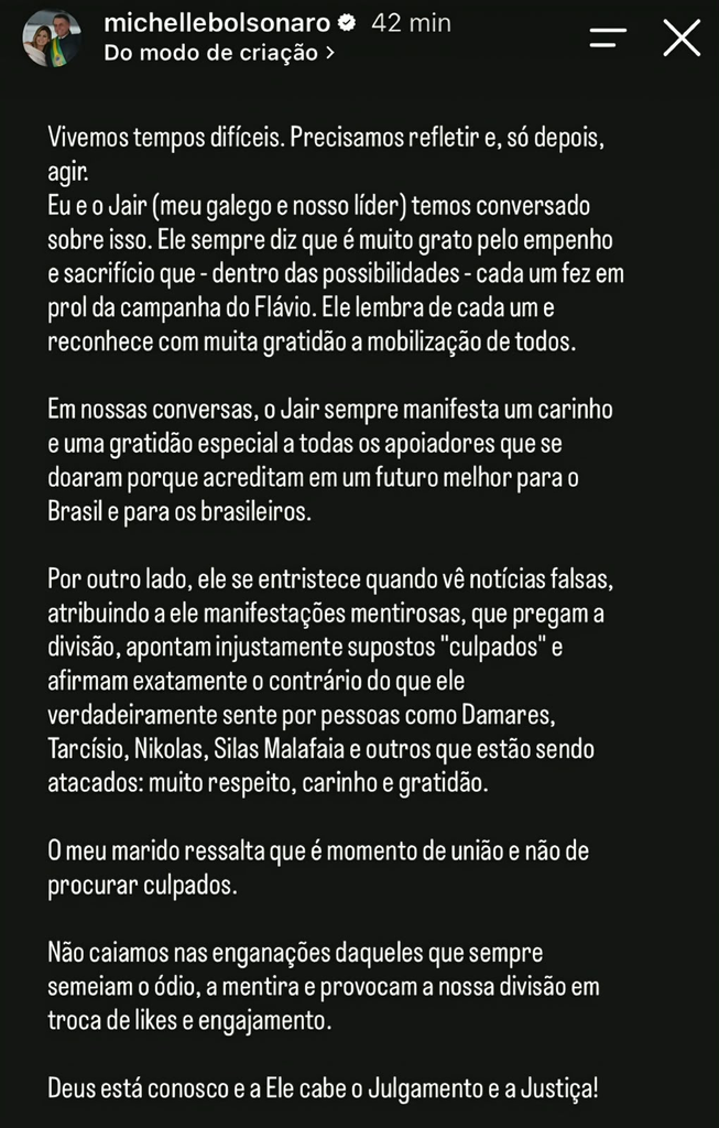 Michelle Bolsonaro publica mensagem e cita o ex-presidente Jair Bolsonaro