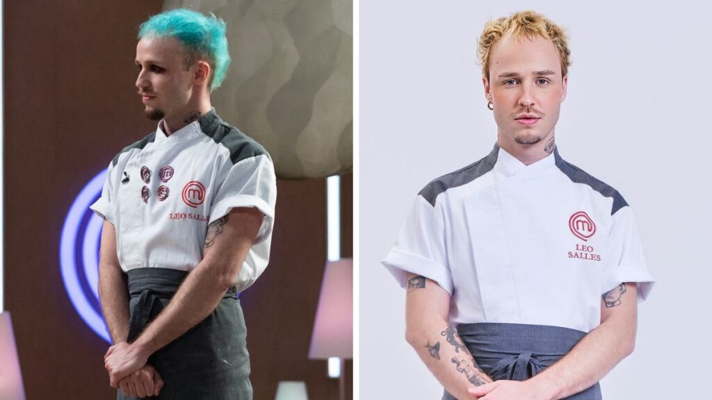 Léo Salles na semifinal da 2ª temporada do MasterChef Confeitaria (à esquerda) e hoje (à direita)