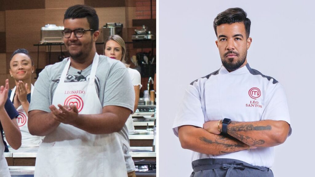 Leo Santos na 4ª temporada do MasterChef Brasil (à esquerda) e hoje (à direita)