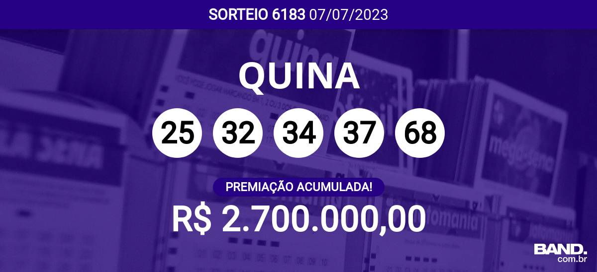 Sorteio da Quina 6183 acumula e pode pagar R$ 2,7 milhões; veja dezenas