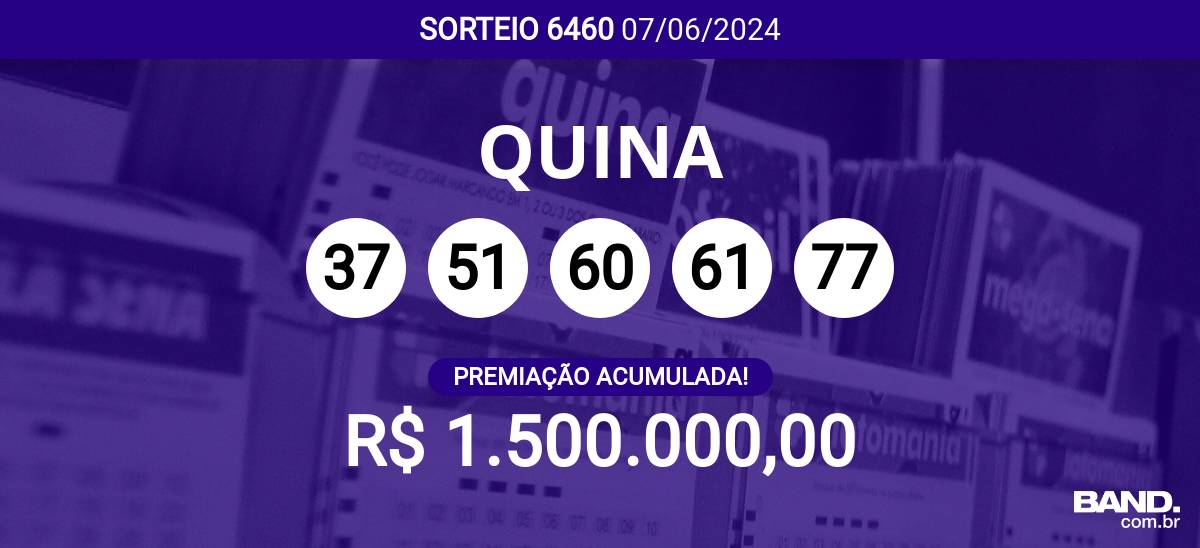 Sorteio da Quina 6460 acumula e pode pagar R$ 1,5 milhões; veja dezenas